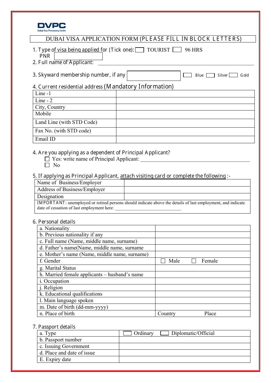 Dubai Visa Application Form, Page 1