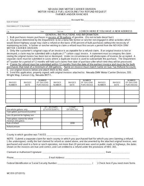 Form MC059 Motor Vehicle Fuel (Gasoline) Tax Refund Request - Farmer and/or Rancher - Nevada