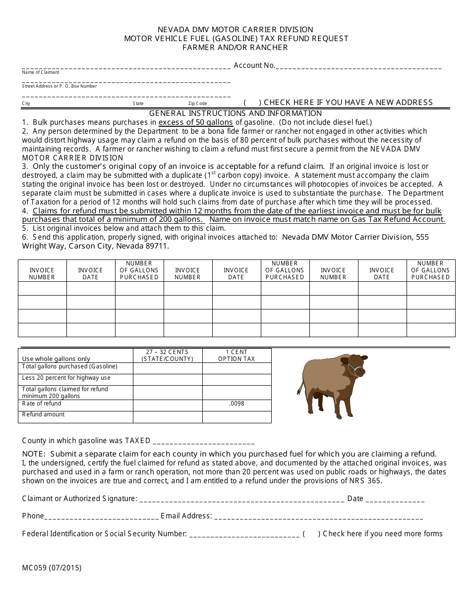 Form MC059 Motor Vehicle Fuel (Gasoline) Tax Refund Request - Farmer and / or Rancher - Nevada, Page 1