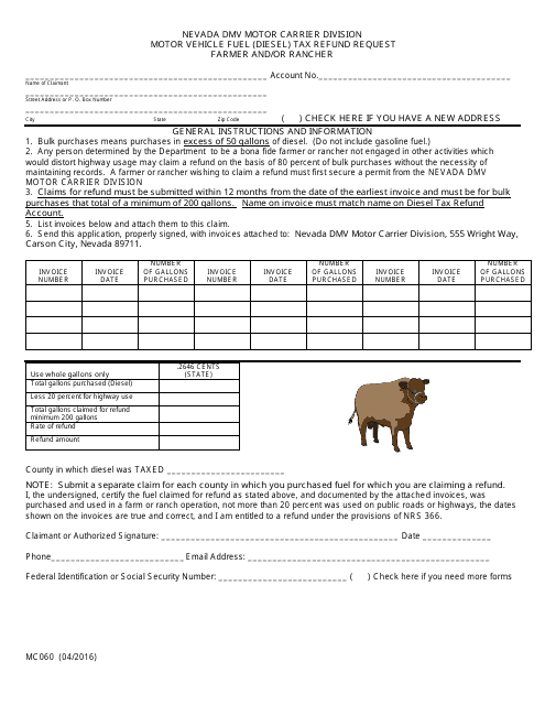 Form MC060 Motor Vehicle Fuel (Diesel) Tax Refund Request - Farmer and/or Rancher - Nevada