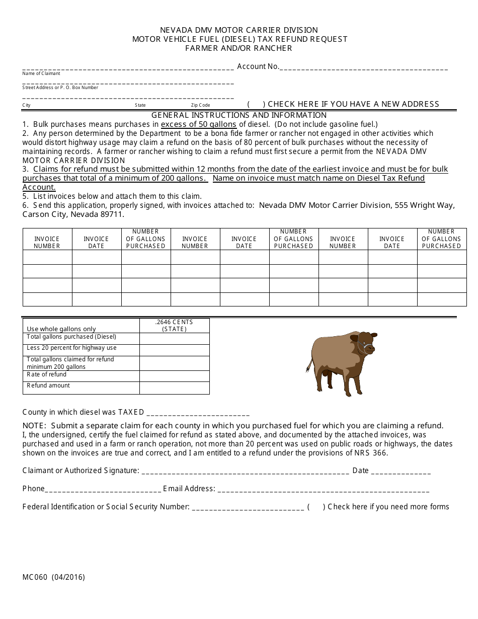 Form MC060 Motor Vehicle Fuel (Diesel) Tax Refund Request - Farmer and / or Rancher - Nevada, Page 1