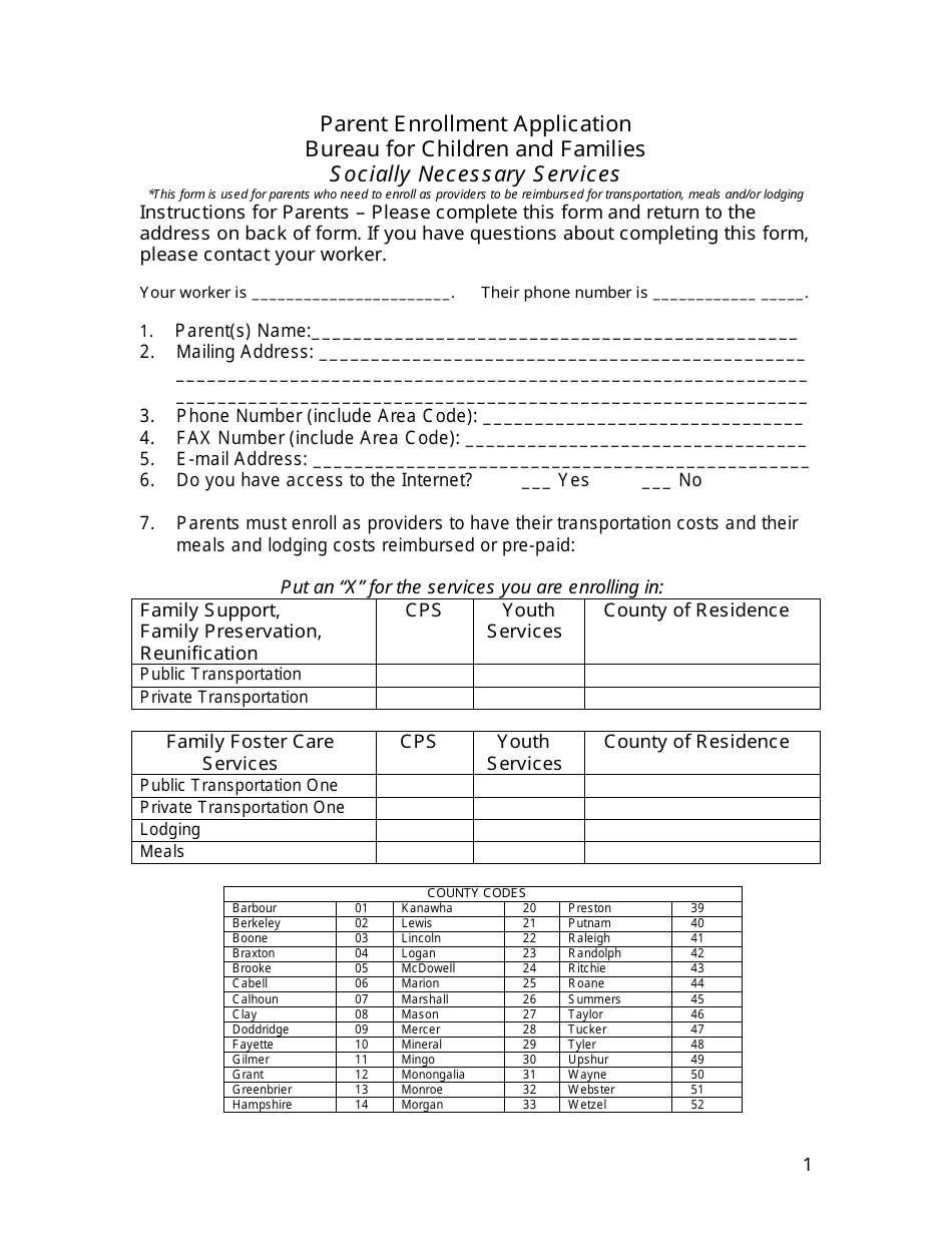 Parent Enrollment Application Form - West Virginia, Page 1