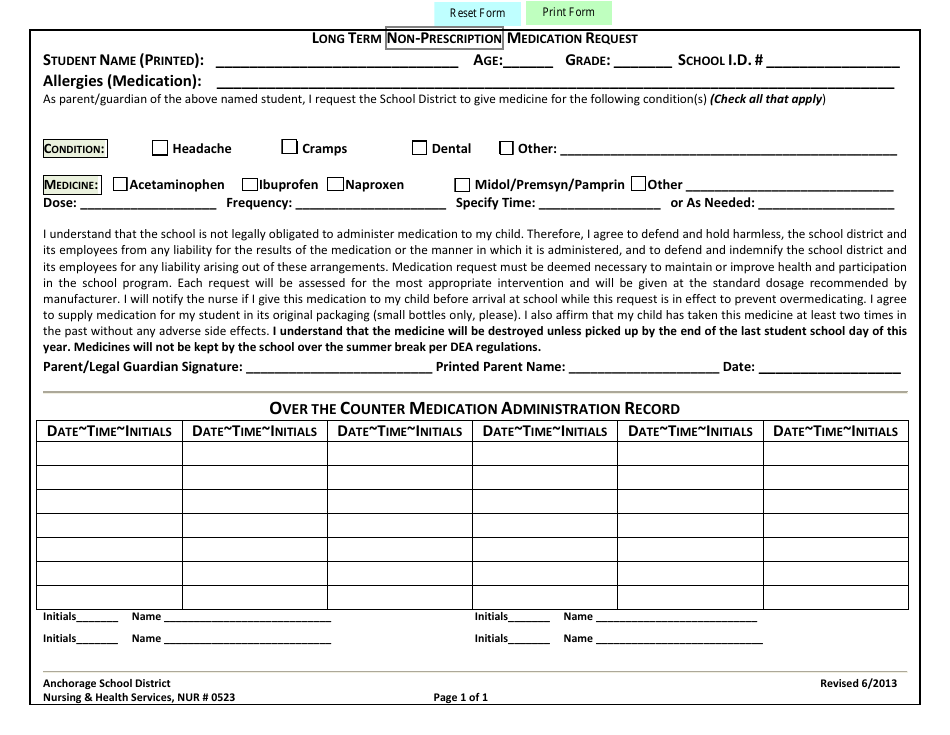 Long Term Non-prescription Medication Request Form - Anchorage School District, Page 1