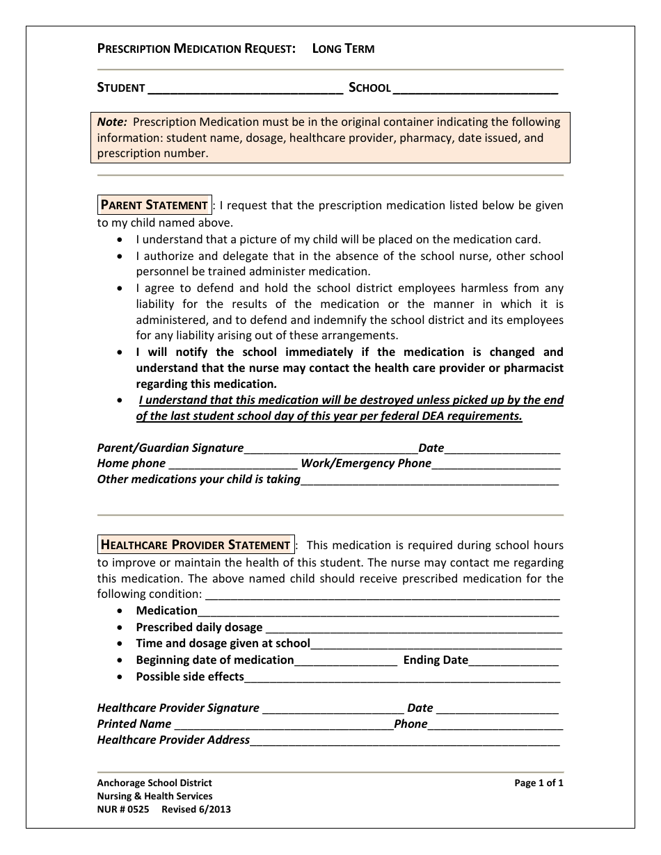 Long Term Prescription Medication Request Form - Anchorage School District, Page 1