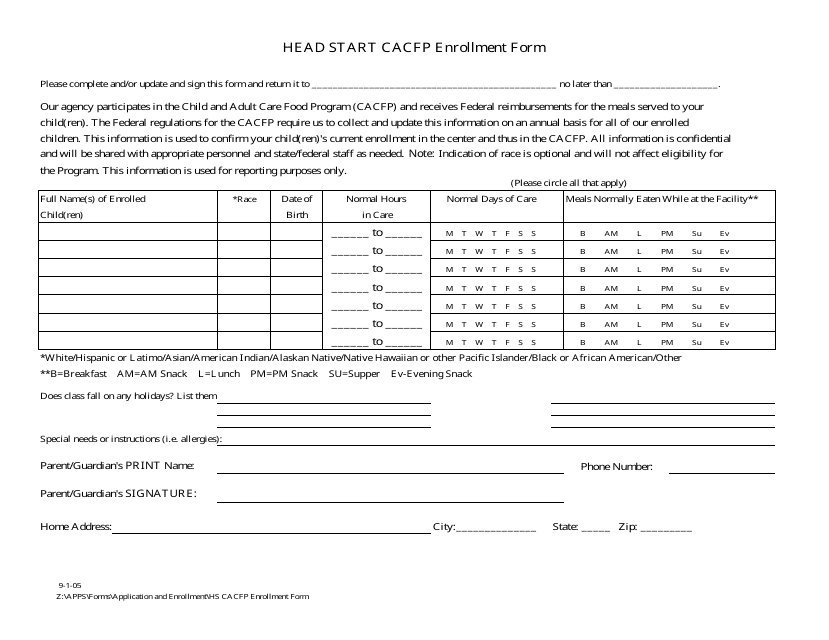Head Start CACFP Enrollment Form