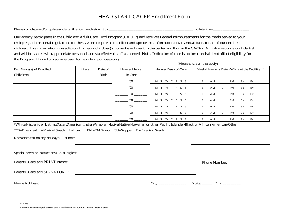 Head Start CACFP Enrollment Form, Page 1