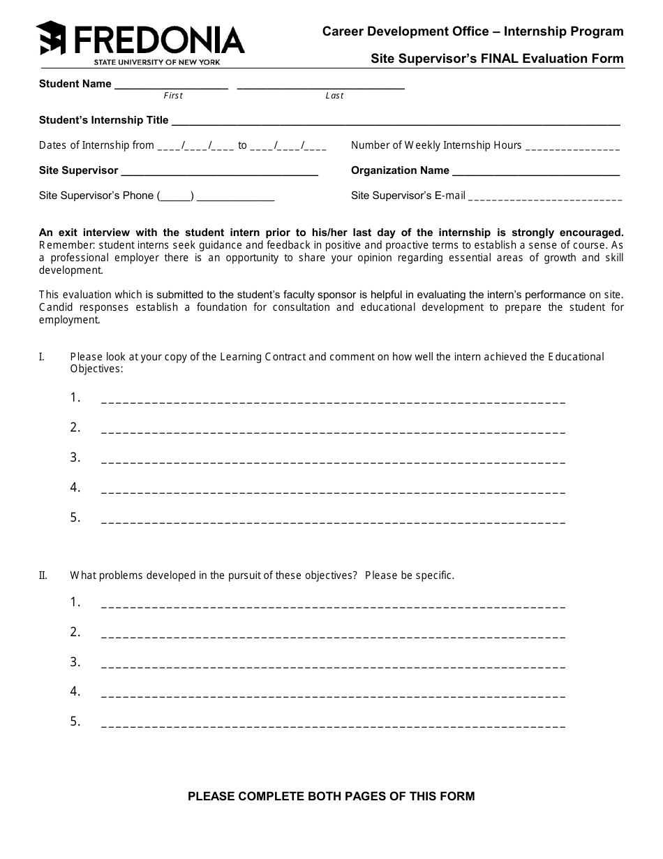 Site Supervisors Final Evaluation Form - Fredonia - New York, Page 1