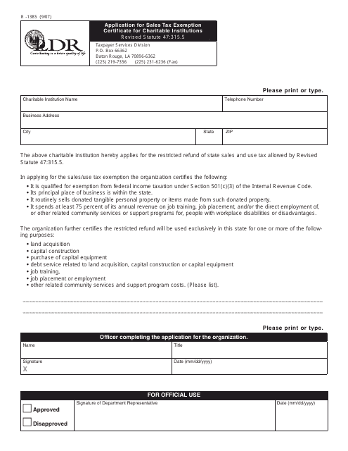 Form R-1385 Application for Sales Tax Exemption Certificate for Charitable Institutions - Louisiana