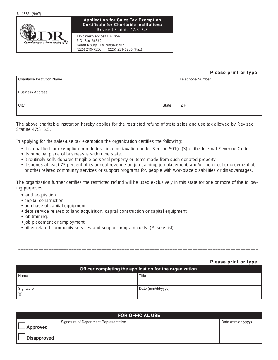 Form R-1385 Application for Sales Tax Exemption Certificate for Charitable Institutions - Louisiana, Page 1