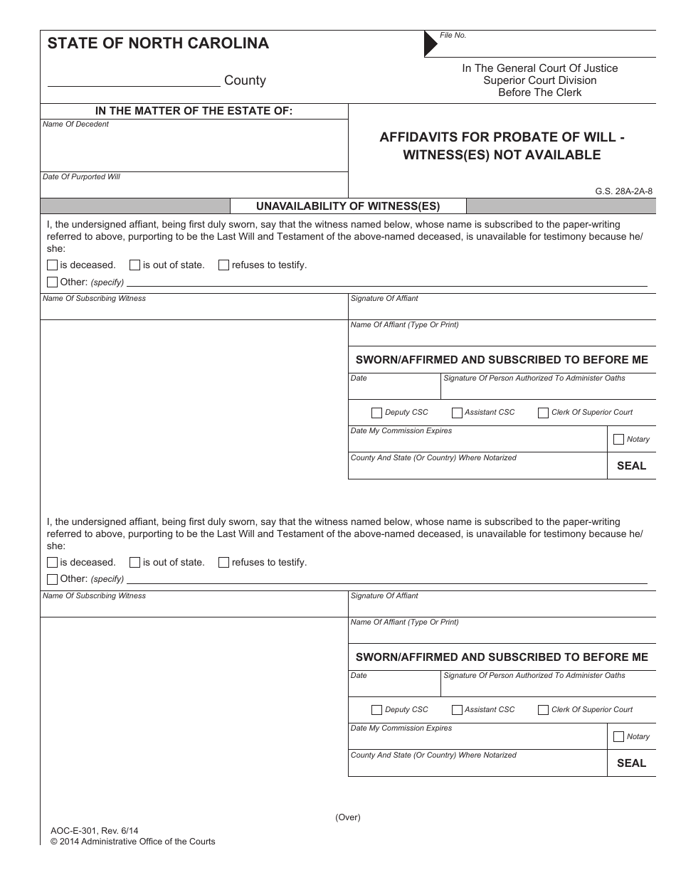 Form AOC-E-301 Affidavits for Probate of Will - Witness(Es) Not Available - North Carolina, Page 1