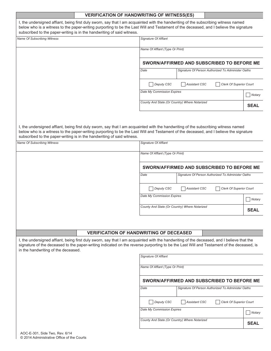 Form AOC-E-301 Affidavits for Probate of Will - Witness(Es) Not Available - North Carolina, Page 2