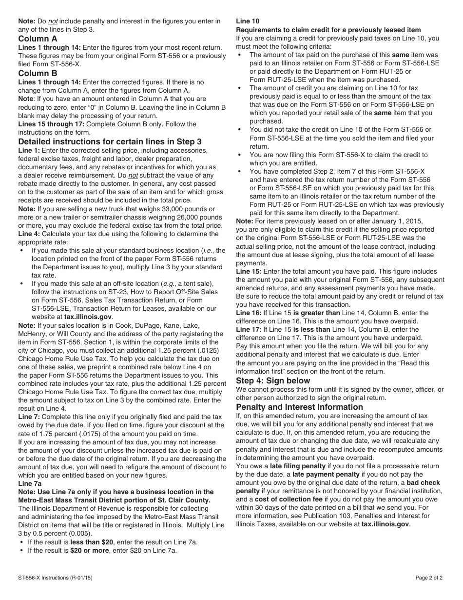 Instructions for Form ST-556-X Amended Sales Tax Transaction Return - Illinois, Page 2
