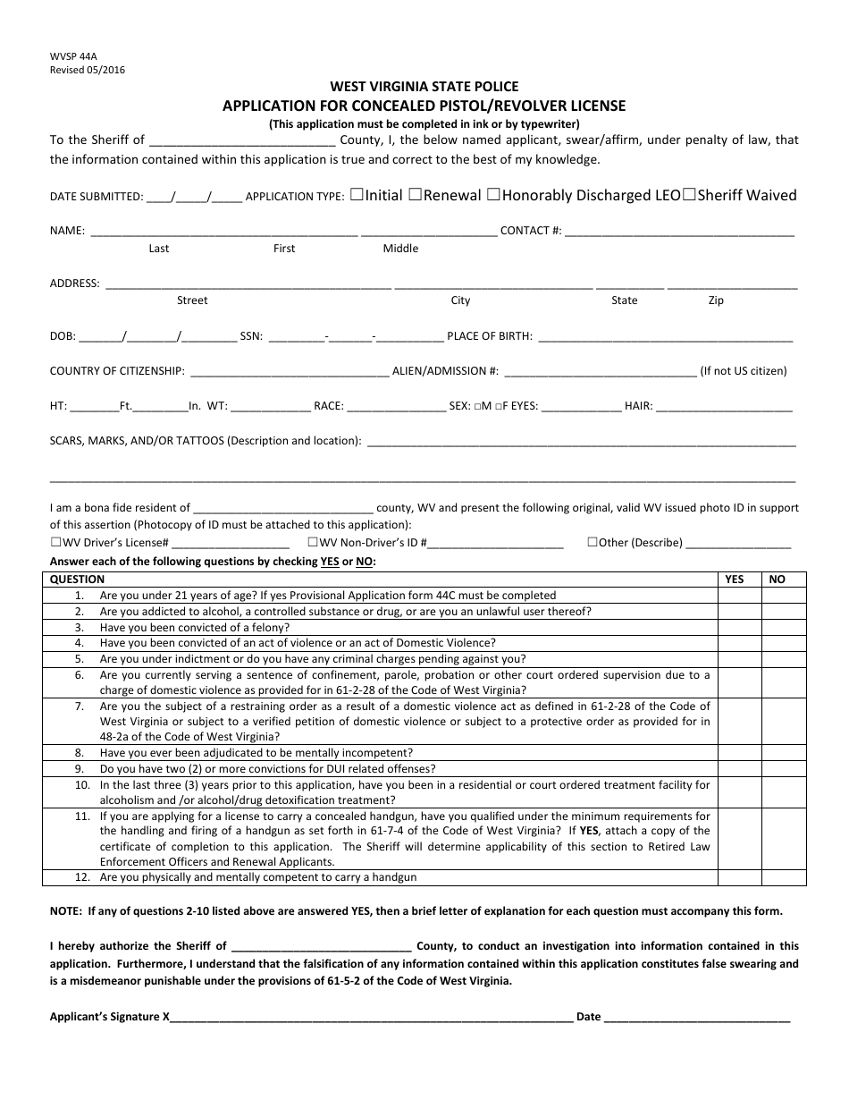 WVSP Form 44A Application for Concealed Pistol / Revolver License - West Virginia, Page 1
