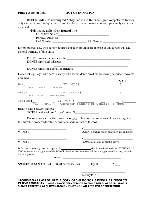 Act of Donation Form - Two Copies - Louisiana
