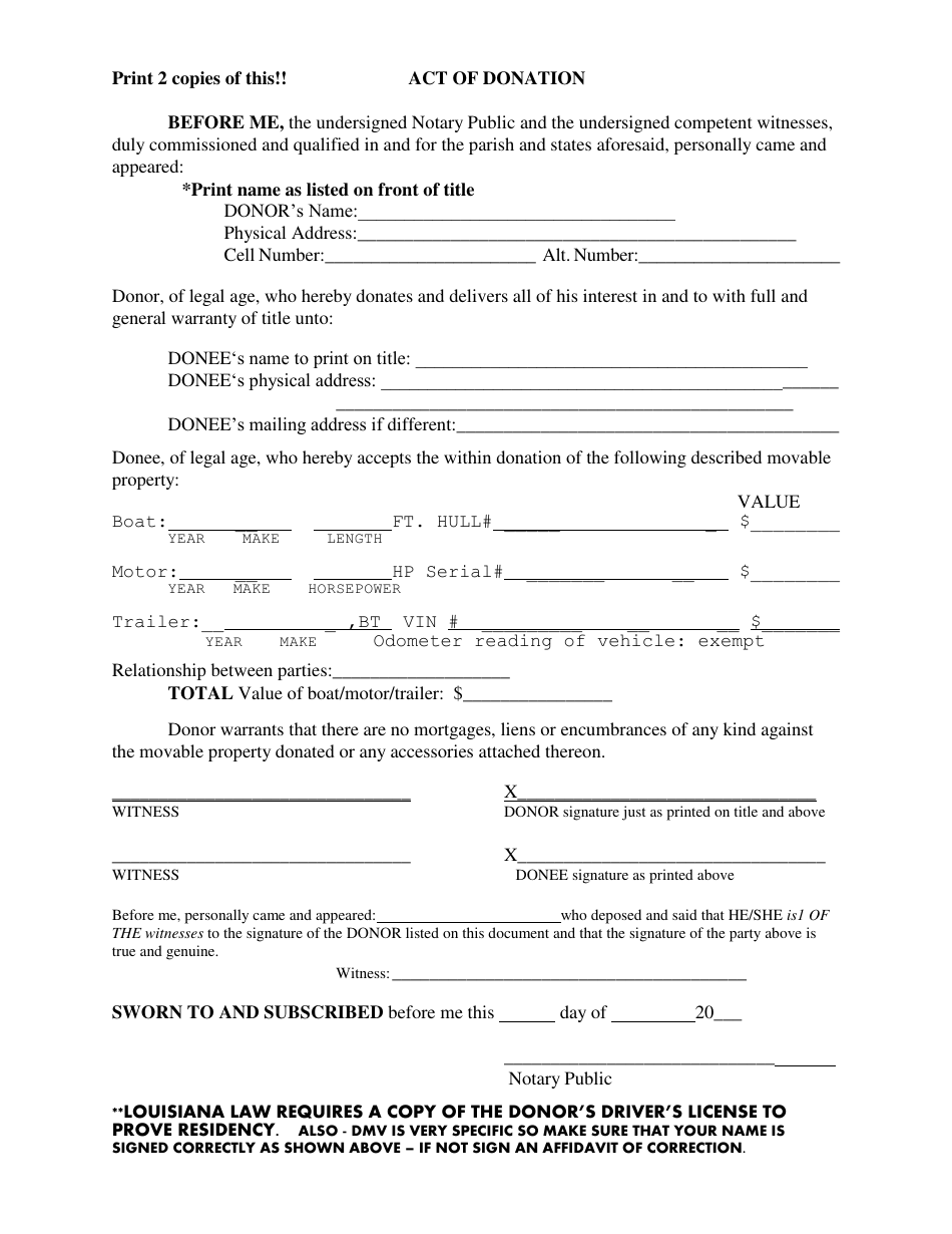 Act of Donation Form - Two Copies - Louisiana, Page 1