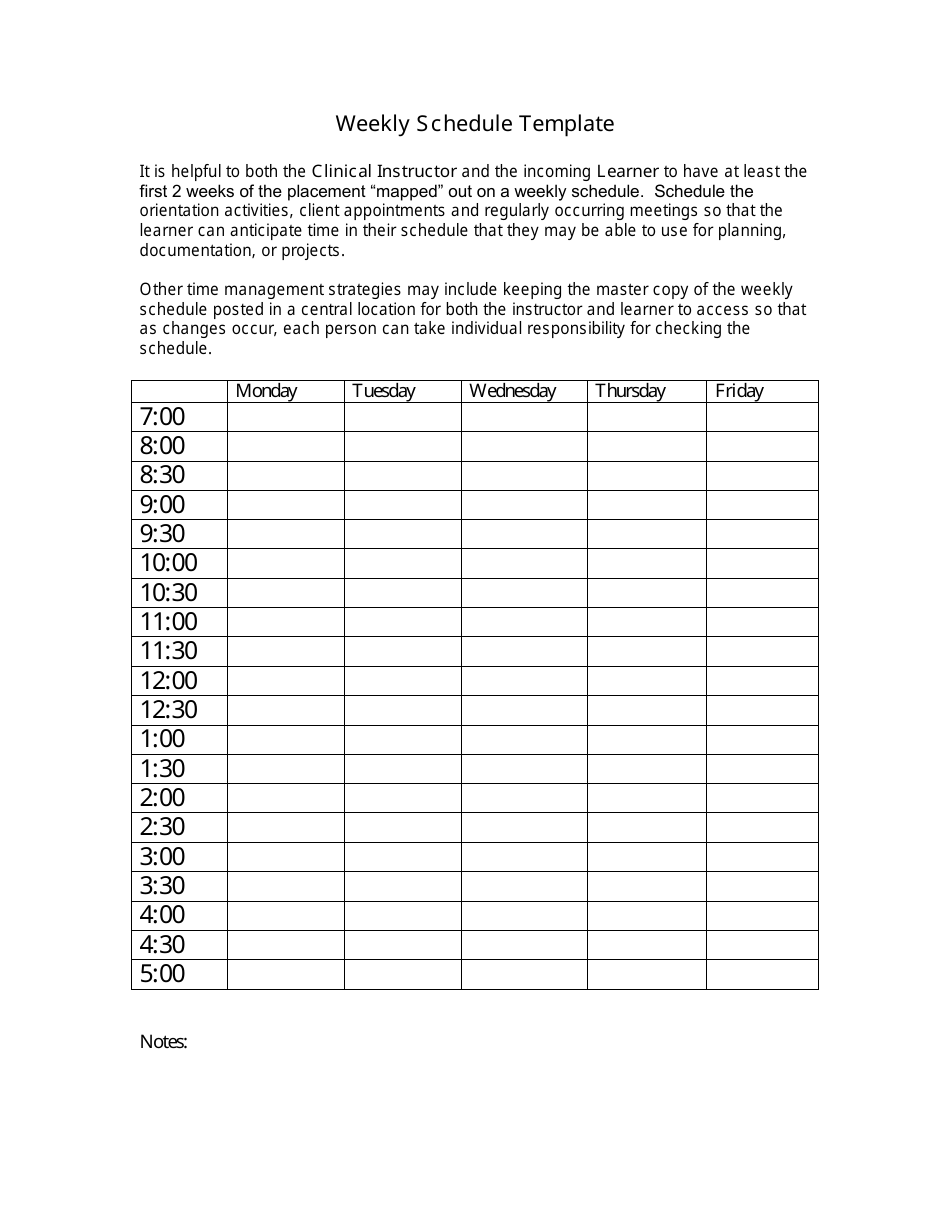 Weekly Schedule Template Notes Download Printable Pdf Templateroller