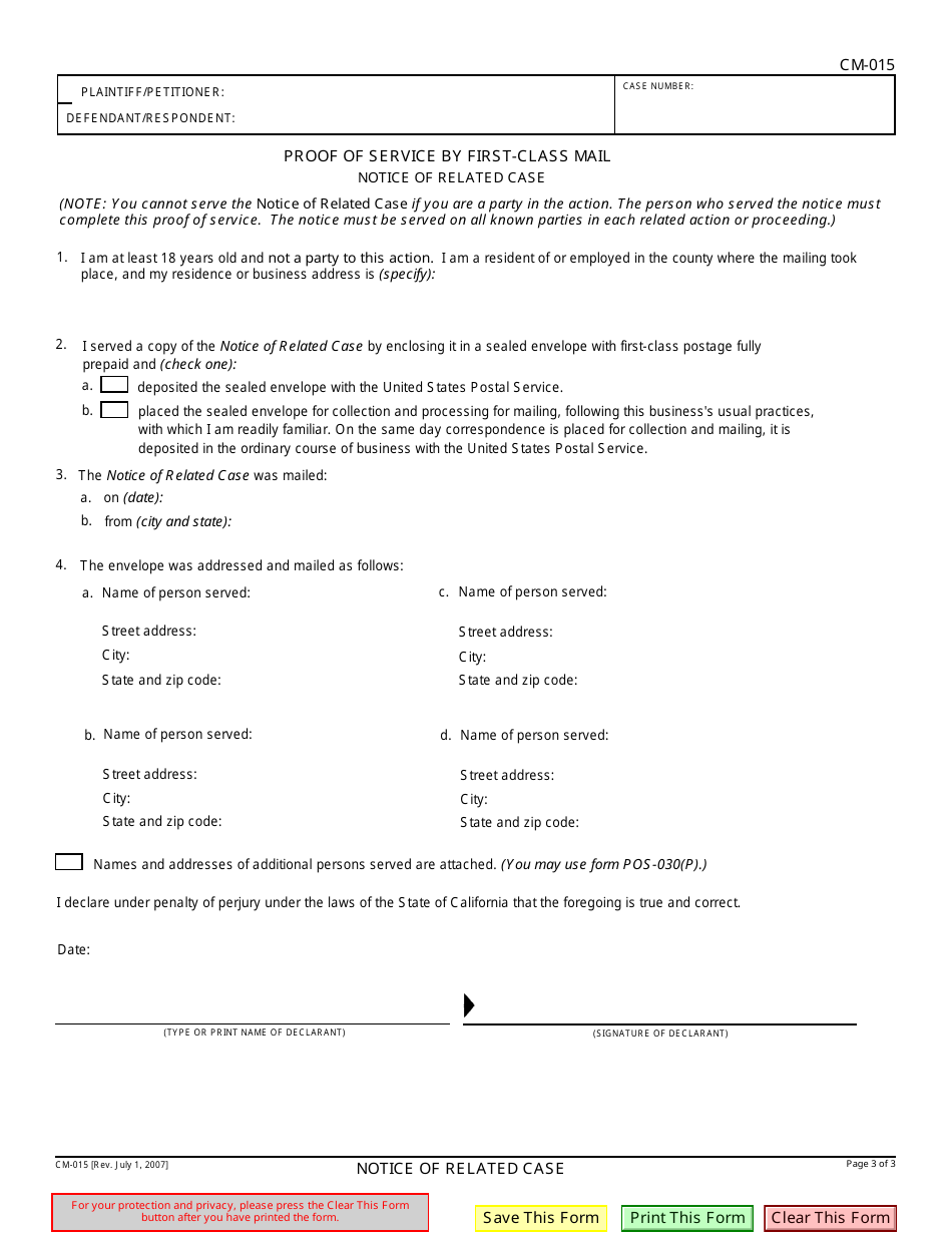 Form CM-015 Notice of Related Case - California, Page 3