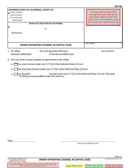 Form CR-190 Order Appointing Counsel in Capital Case - California