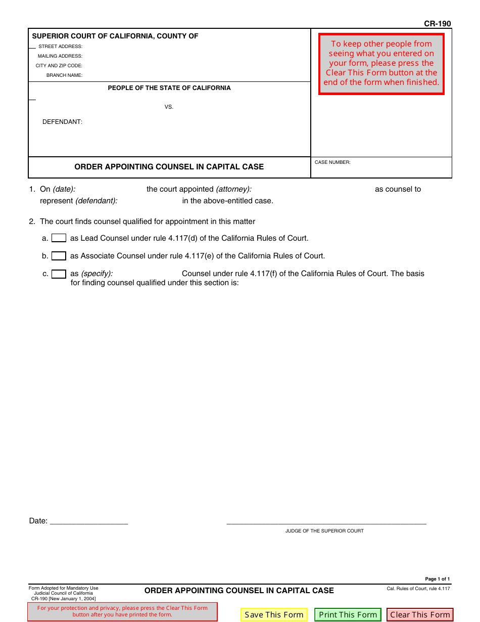 Form CR-190 Order Appointing Counsel in Capital Case - California, Page 1
