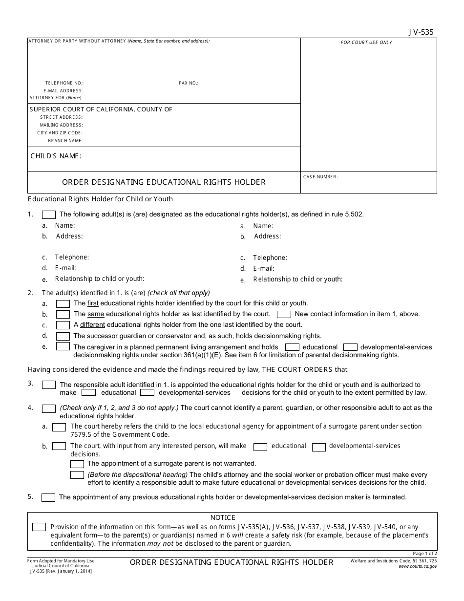 Form JV-535 Order Designating Educational Rights Holder - California, Page 1