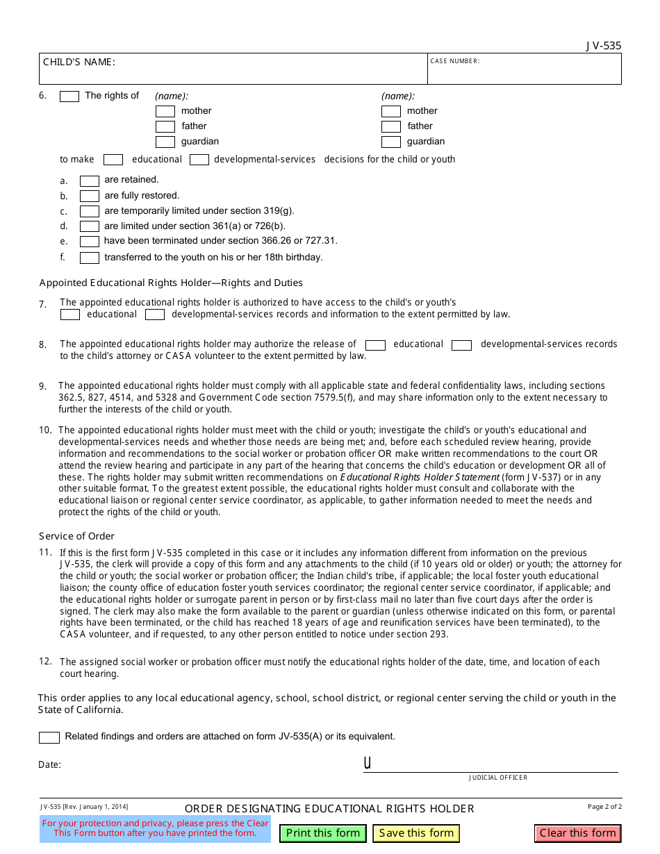 Form JV-535 Order Designating Educational Rights Holder - California, Page 2