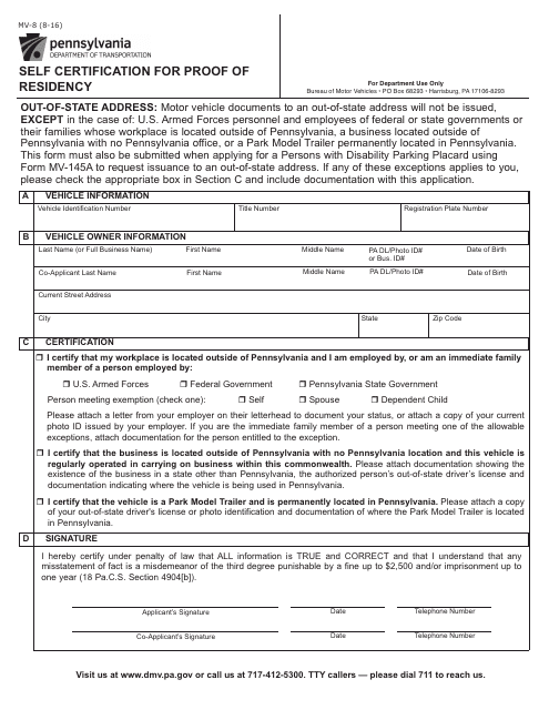 Form MV-8 Self Certification for Proof of Residency - Pennsylvania