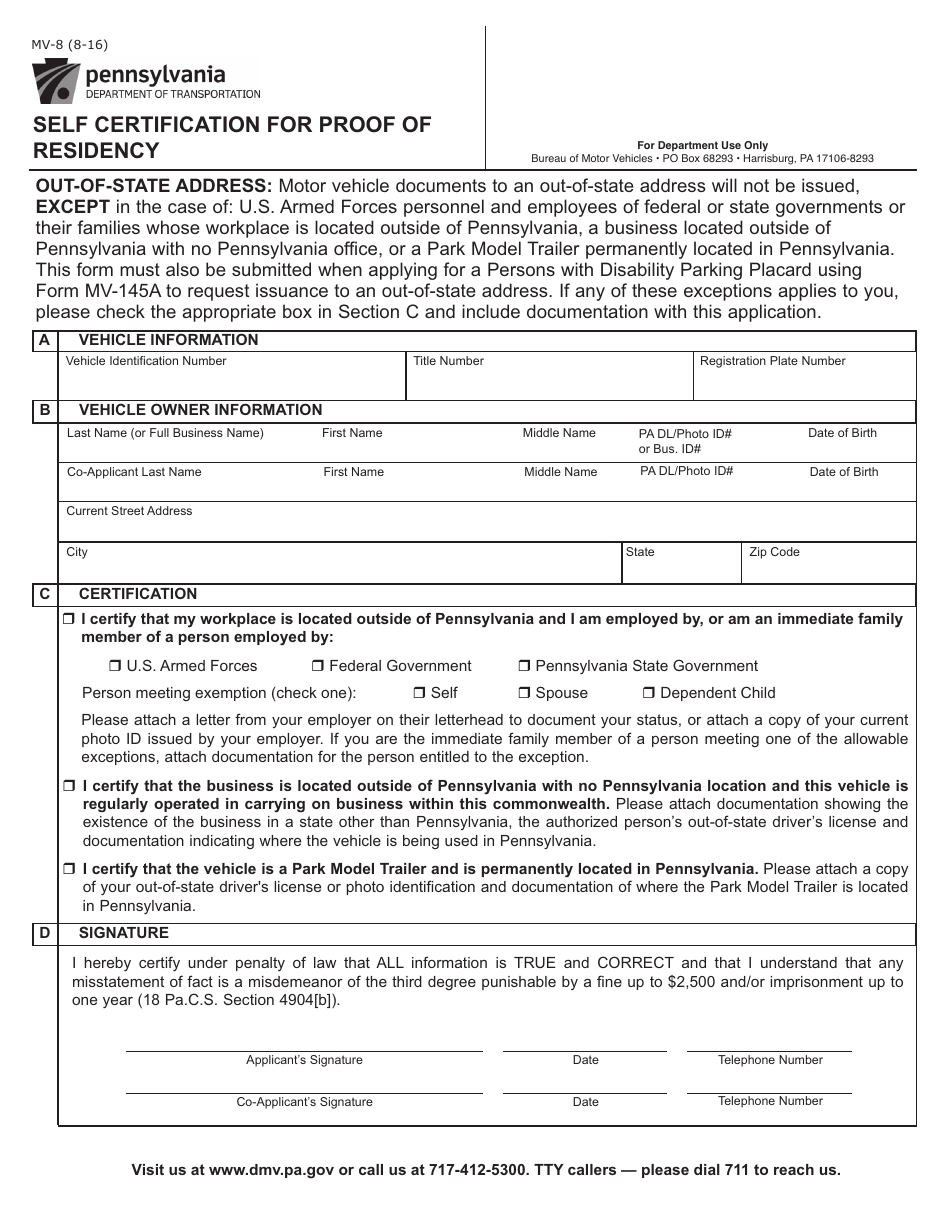Form MV-8 Self Certification for Proof of Residency - Pennsylvania, Page 1