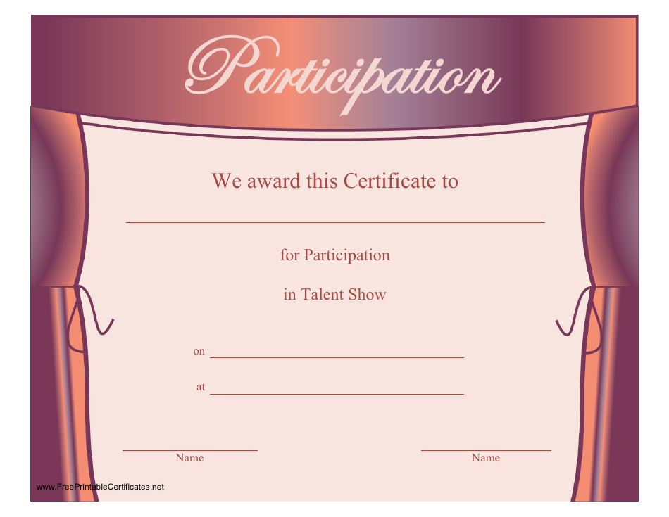 Participation in Talent Show Certificate Template Download Printable