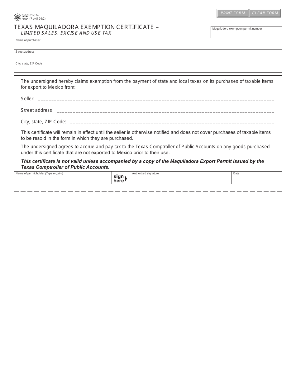 Form 01-374 Maquiladora Exemption Certificate - Texas, Page 1