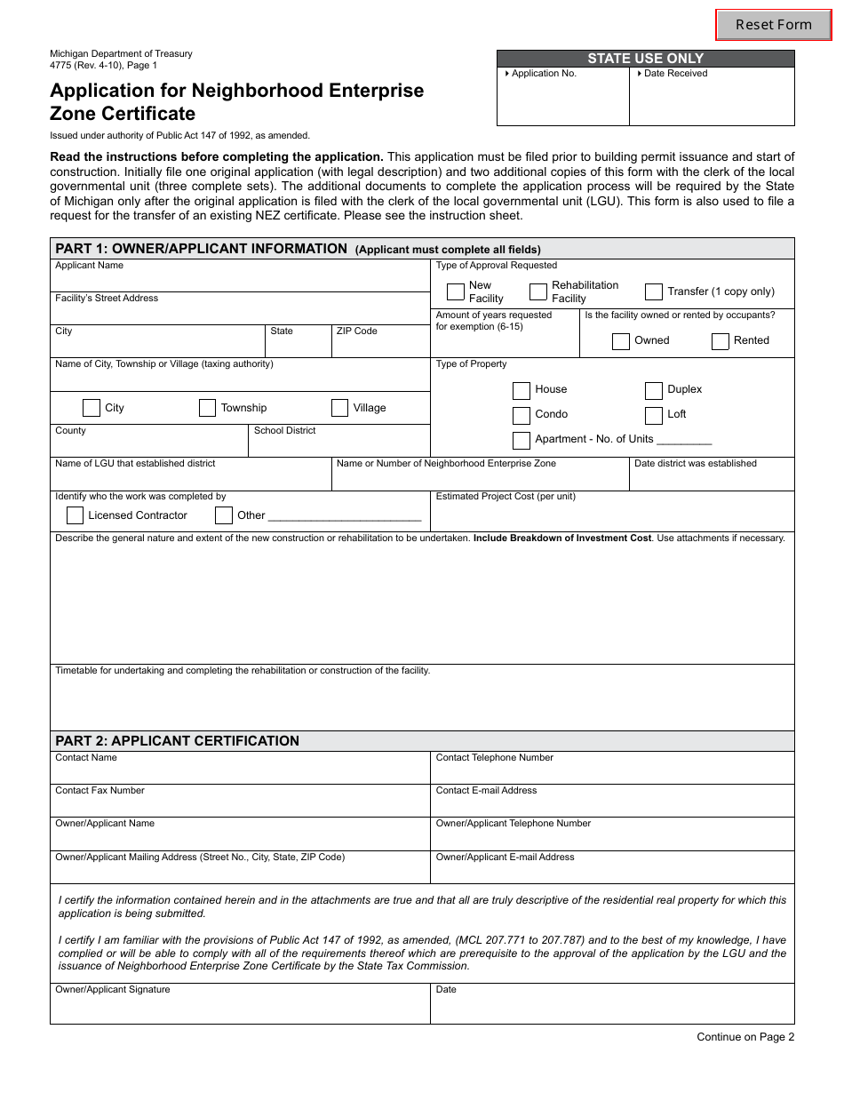 Form 4775 Application for Neighborhood Enterprise Zone Certificate - Michigan, Page 1