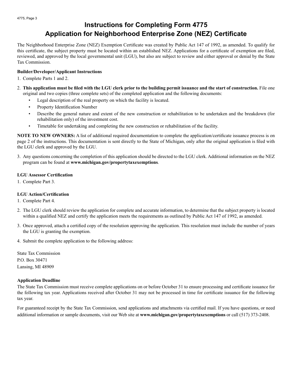 Form 4775 Application for Neighborhood Enterprise Zone Certificate - Michigan, Page 3