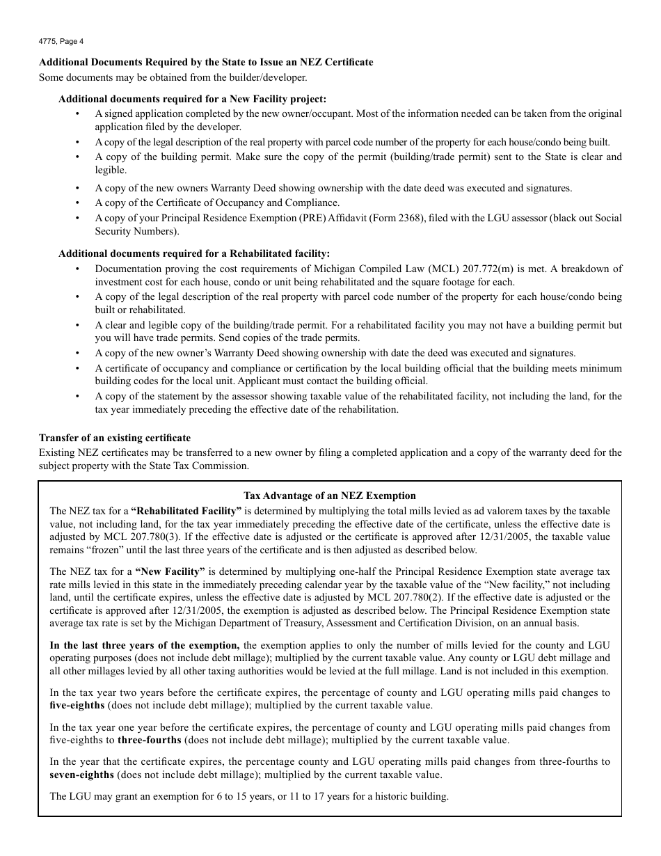 Form 4775 Application for Neighborhood Enterprise Zone Certificate - Michigan, Page 4