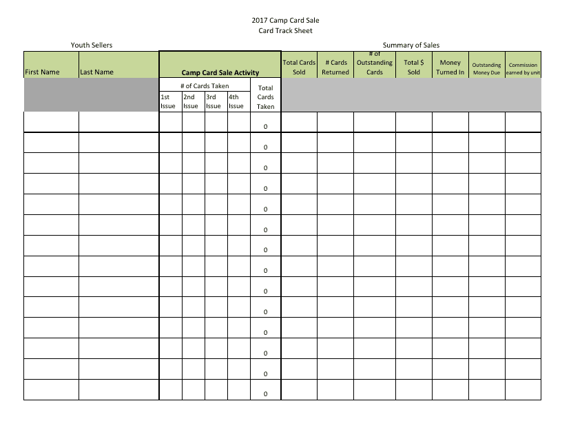 Camp Card Sale Tracking Sheet Template Image