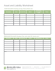 &quot;Asset and Liability Worksheet Template - Planning Alternatives&quot;
