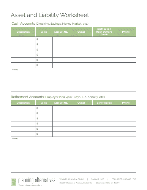 &quot;Asset and Liability Worksheet Template - Planning Alternatives&quot; Download Pdf