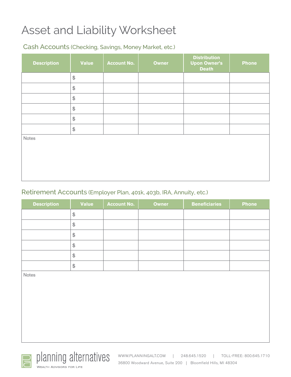 Asset and Liability Worksheet Template - Planning Alternatives image preview