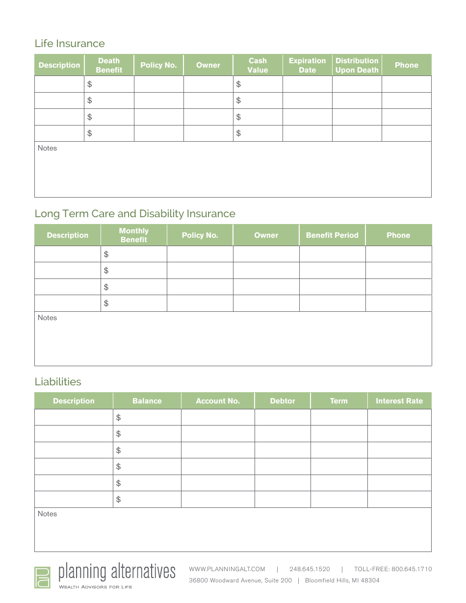 Asset and Liability Worksheet Template - Planning Alternatives, Page 3