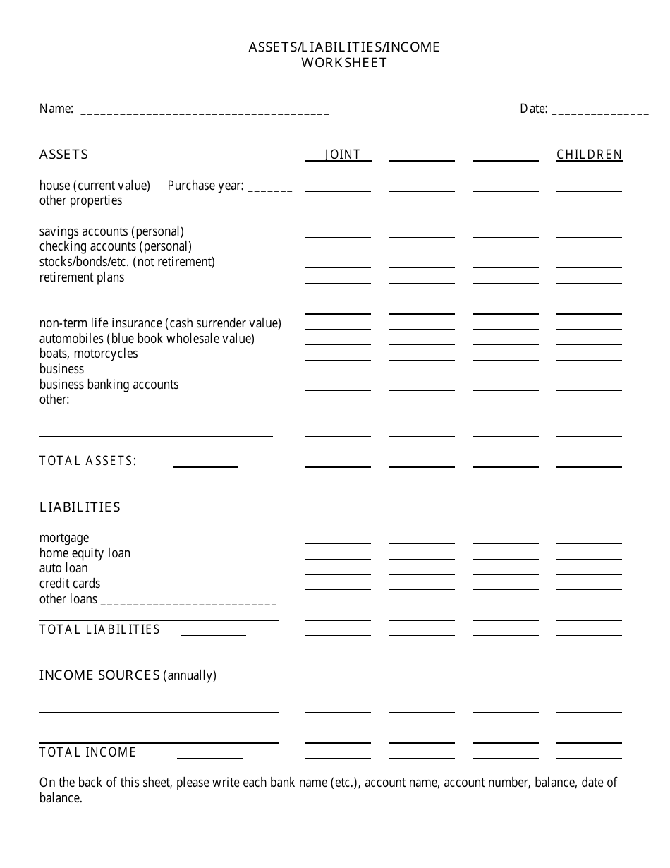Assets Liabilities Income Worksheet Template Preview