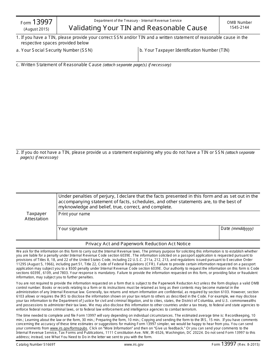 IRS Form 13997 Validating Your Tin and Reasonable Cause, Page 1