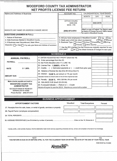 Form WCNP Net Profits License Fee Return - Woodford County, Kentucky