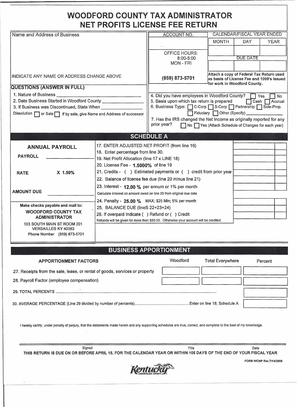 Form WCNP Net Profits License Fee Return - Woodford County, Kentucky, Page 1