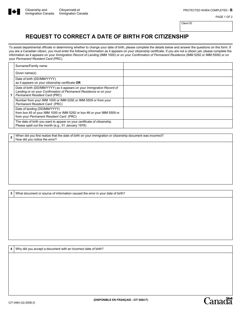 Form CIT0464 e Request to Correct a Date of Birth for Citizenship - Canada, Page 1