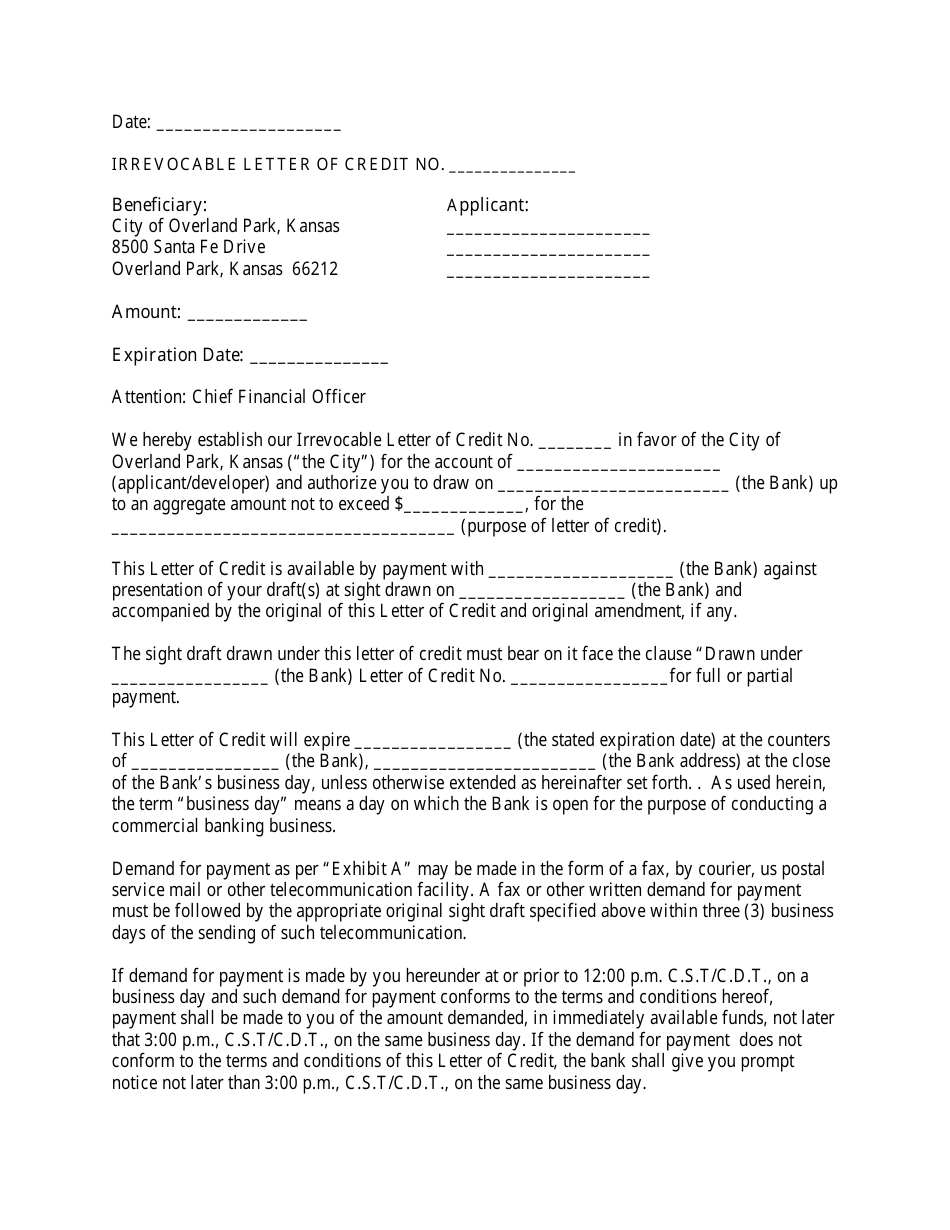 City of Overland Park, Kansas Irrevocable Letter of Credit Form Pertaining To Letter Of Credit Draft Template