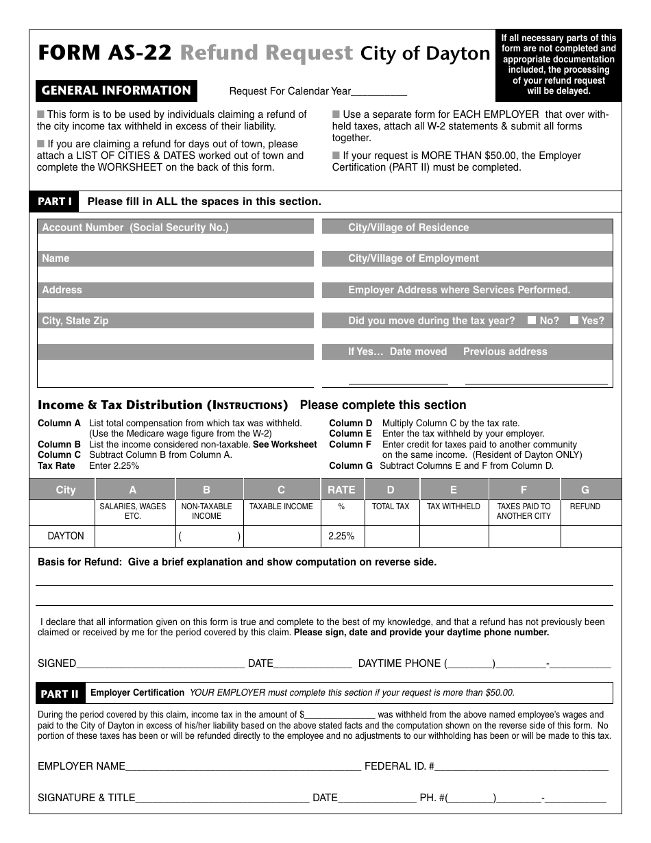 Form AS-22 Refund Request - City of Dayton, Ohio, Page 1