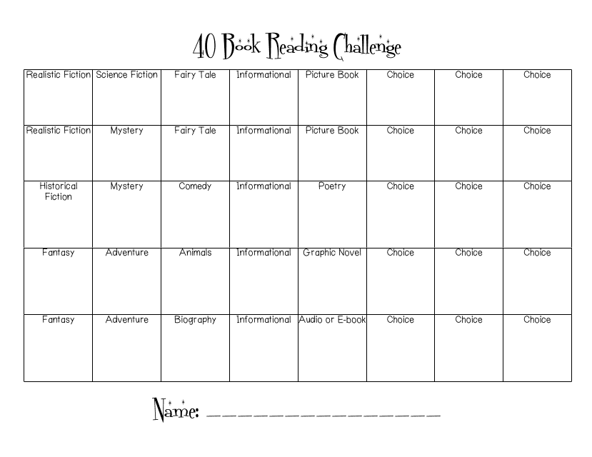 40 Book Reading Challenge Chart