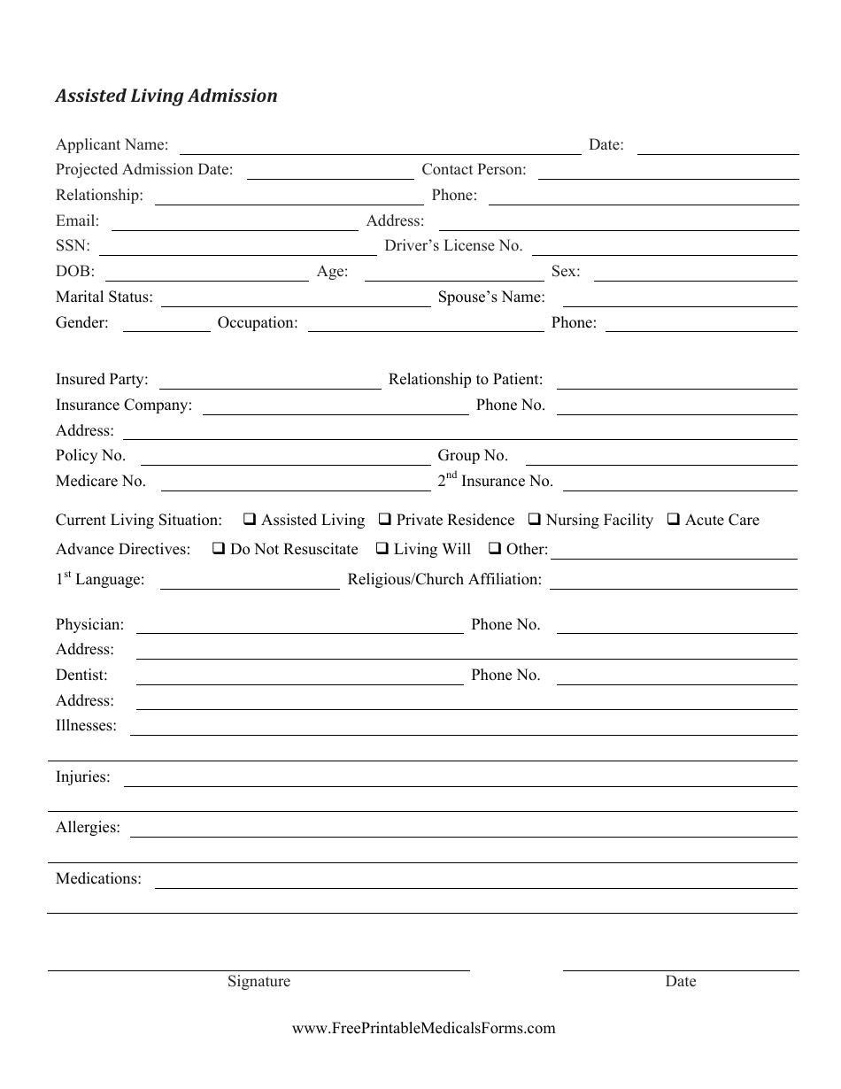 Assisted Living Admission Form, Page 1