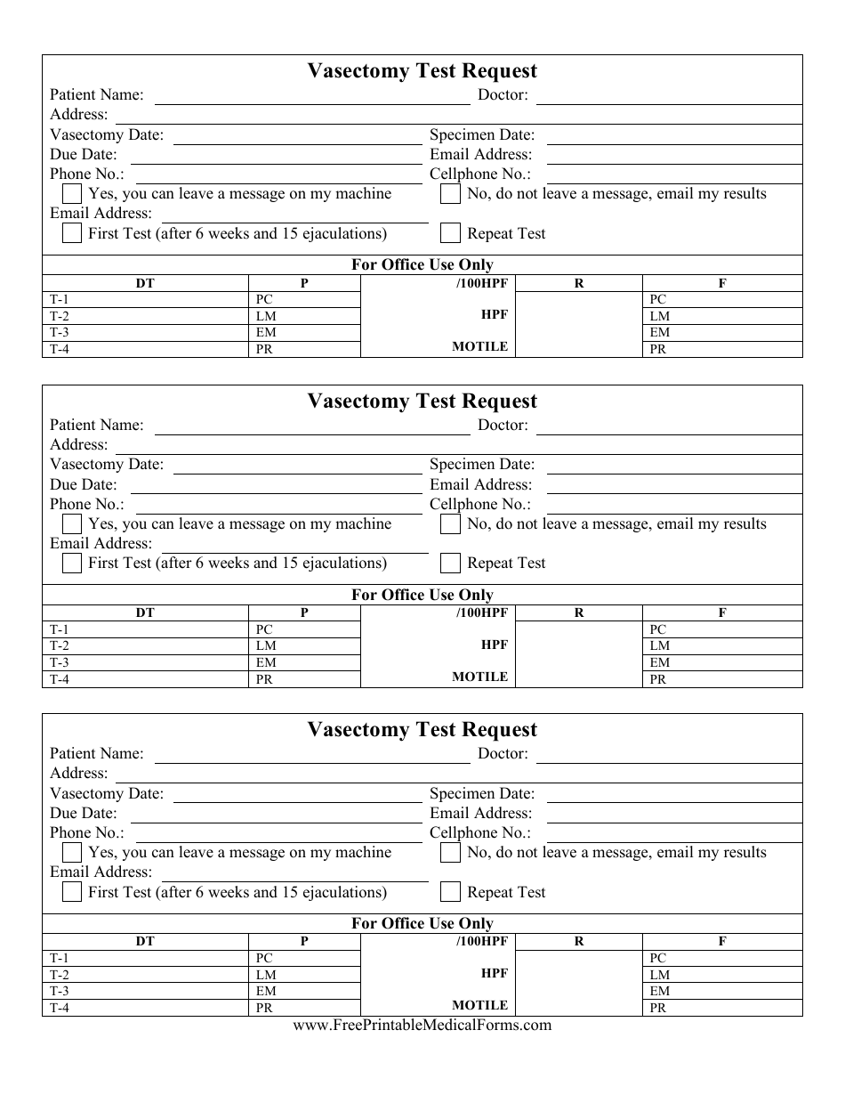 Vasectomy Test Request Form, Page 1
