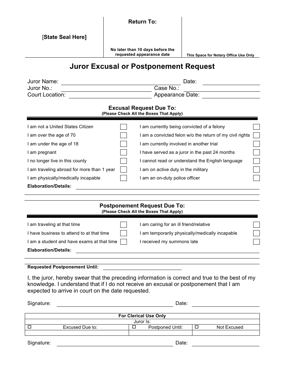 Juror Excusal or Postponement Request Form, Page 1
