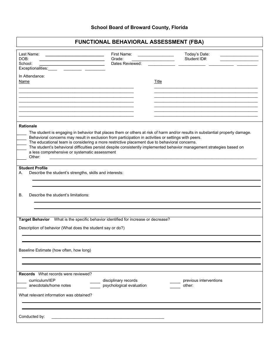 Functional Behavioral Assessment (Fba) Form - Broward County, Florida, Page 1