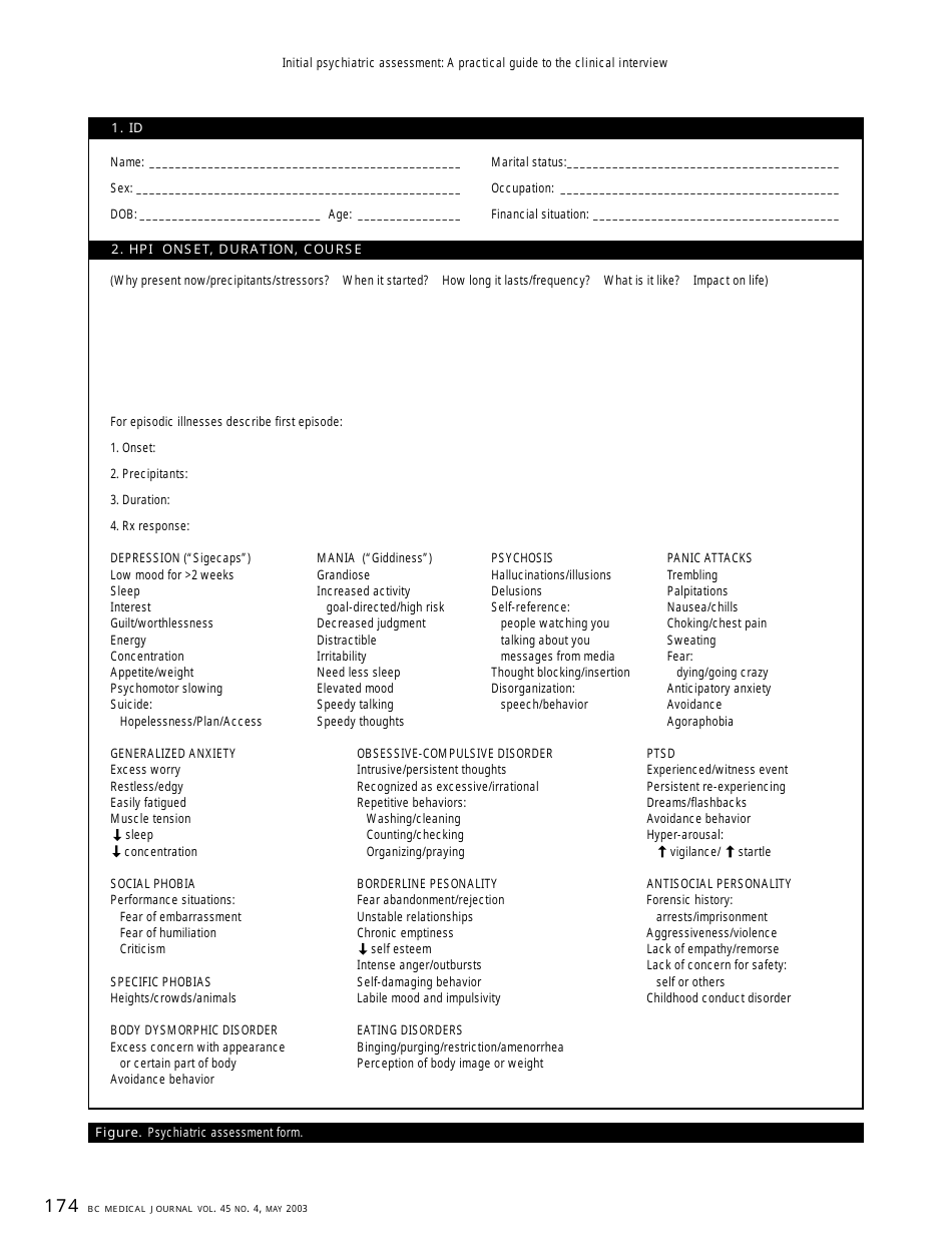 Initial Psychiatric Assessment Evaluation Form Download Printable Pdf 88D